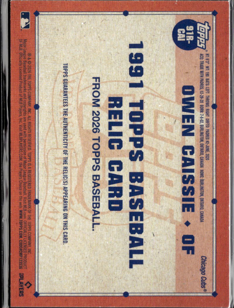 Owen Caissie 2026 Topps Jersey Patch RC Rookie Chicago Cubs
