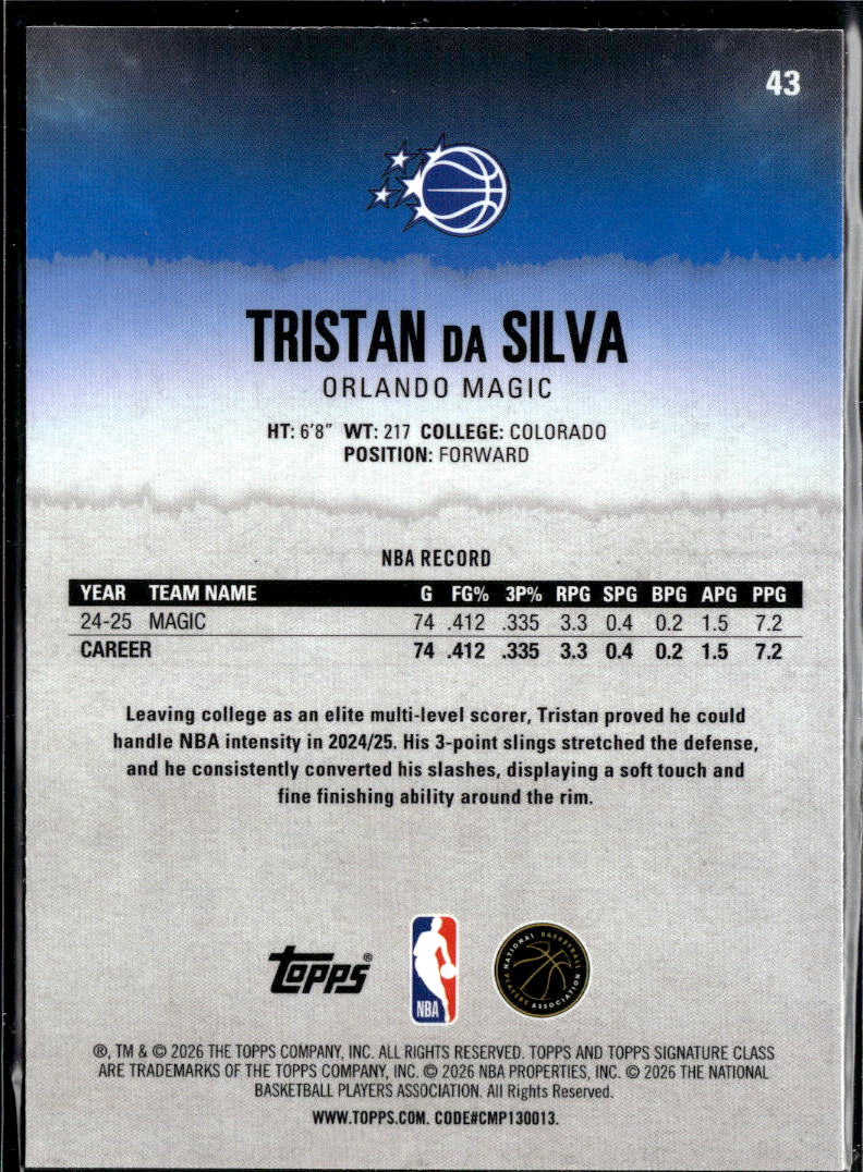 Tristan da Silva 2026 Topps Signature Class Green 23/150 Orlando Magic