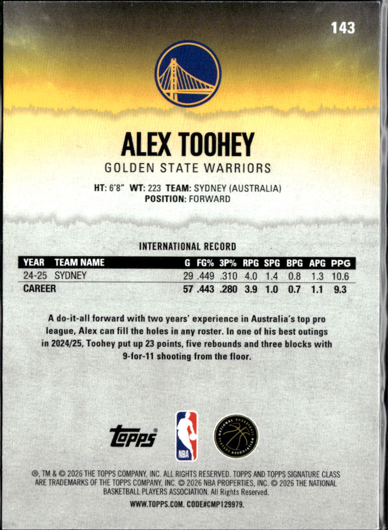 Alex Toohey 2026 Topps Signature Purple 89/100 Golden State Warriors