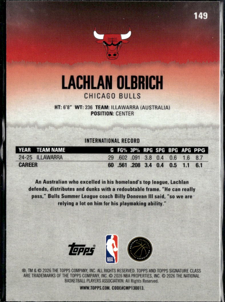 Lachlan Olbrich 2026 Topps Signature Blue RC 215/225 Chicago Bulls