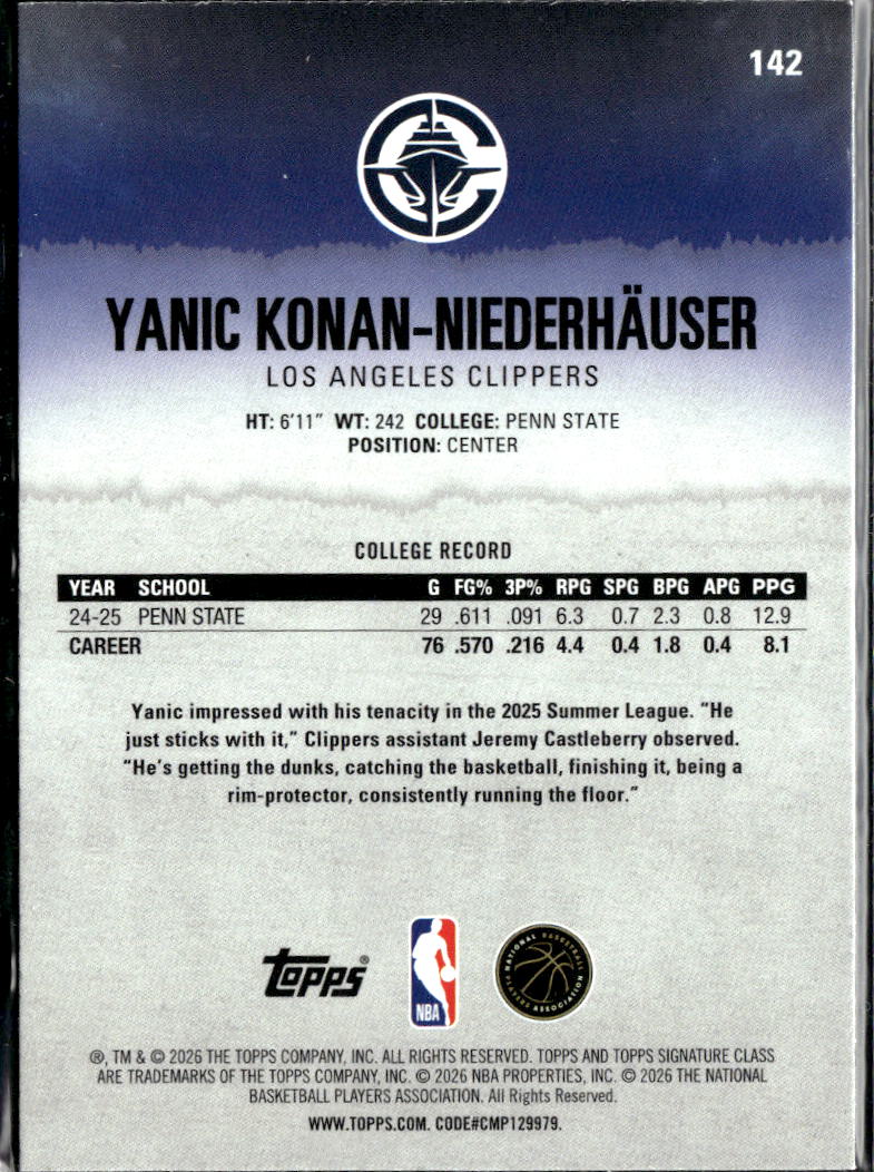 Yanic Konan-Niederhauser 2026 Topps Signature Class Blue RC /225 Clippers