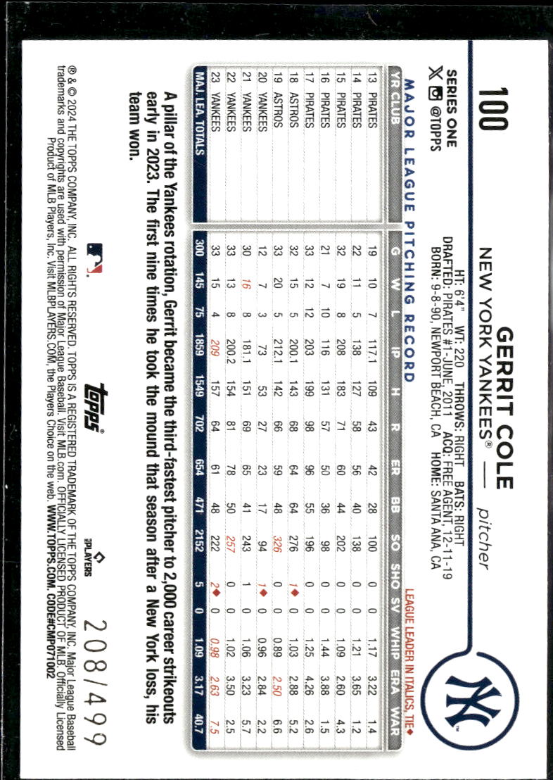 Gerrit Cole 2024 Topps Series One Green Foilboard 208/499 New York Yankees
