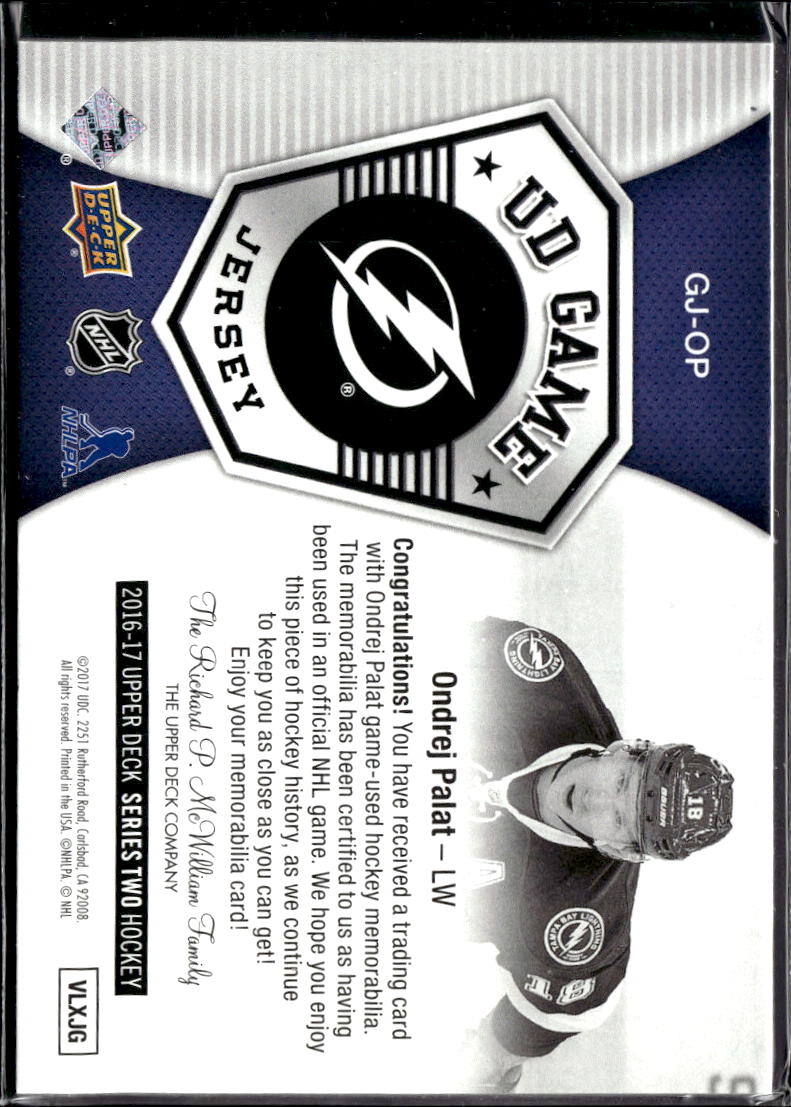 Ondrej Palat 2017 Upper Deck Game Worn Jersey Patch Tampa Bay Lightning