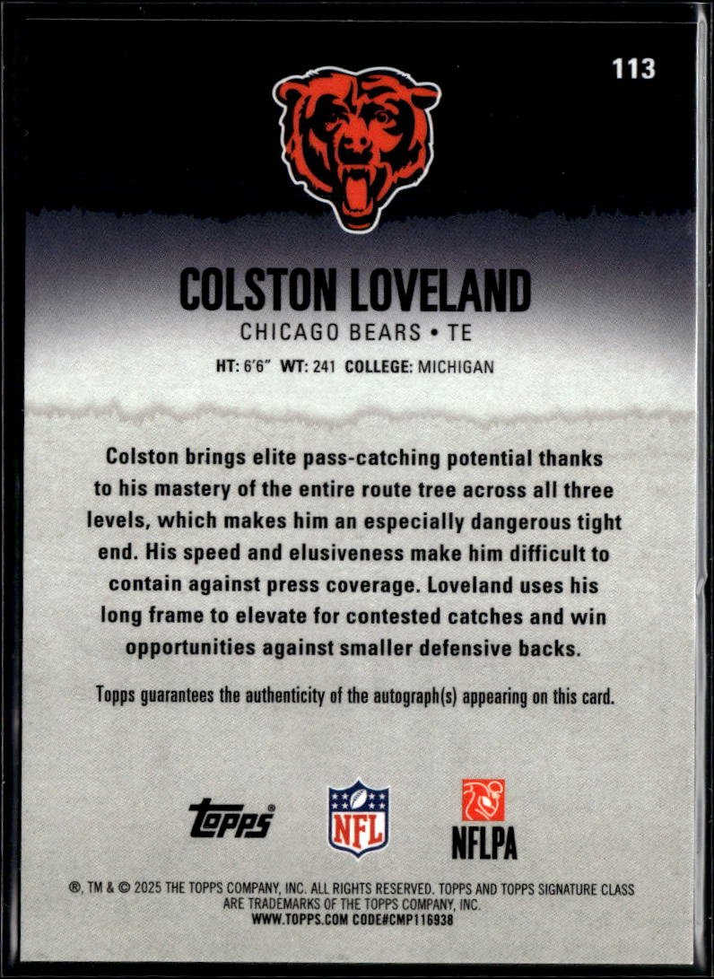 Colston Loveland 2025 Topps Signature Class Auto Autograph Refractor RC Bears
