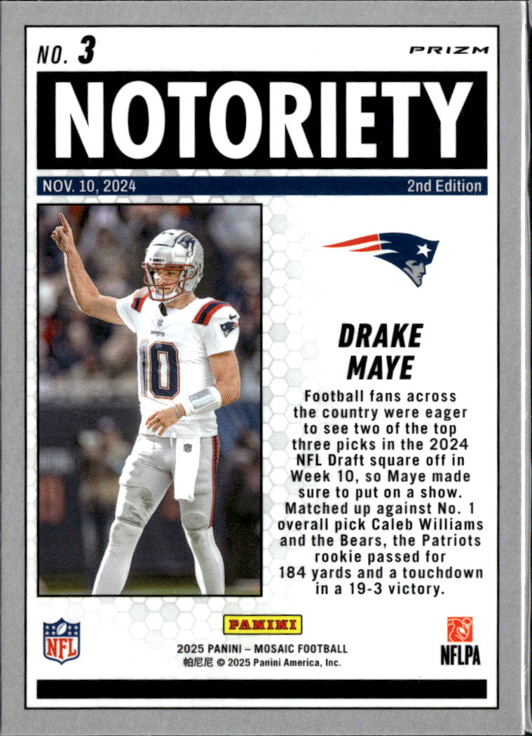 Drake Maye 2025 Mosaic Notoriety Orange Prizm New England Patriots