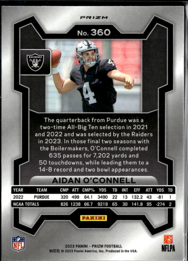 Aidan O'Connell 2023 Prizm RC Silver Prizm Rookie Las Vegas Raiders