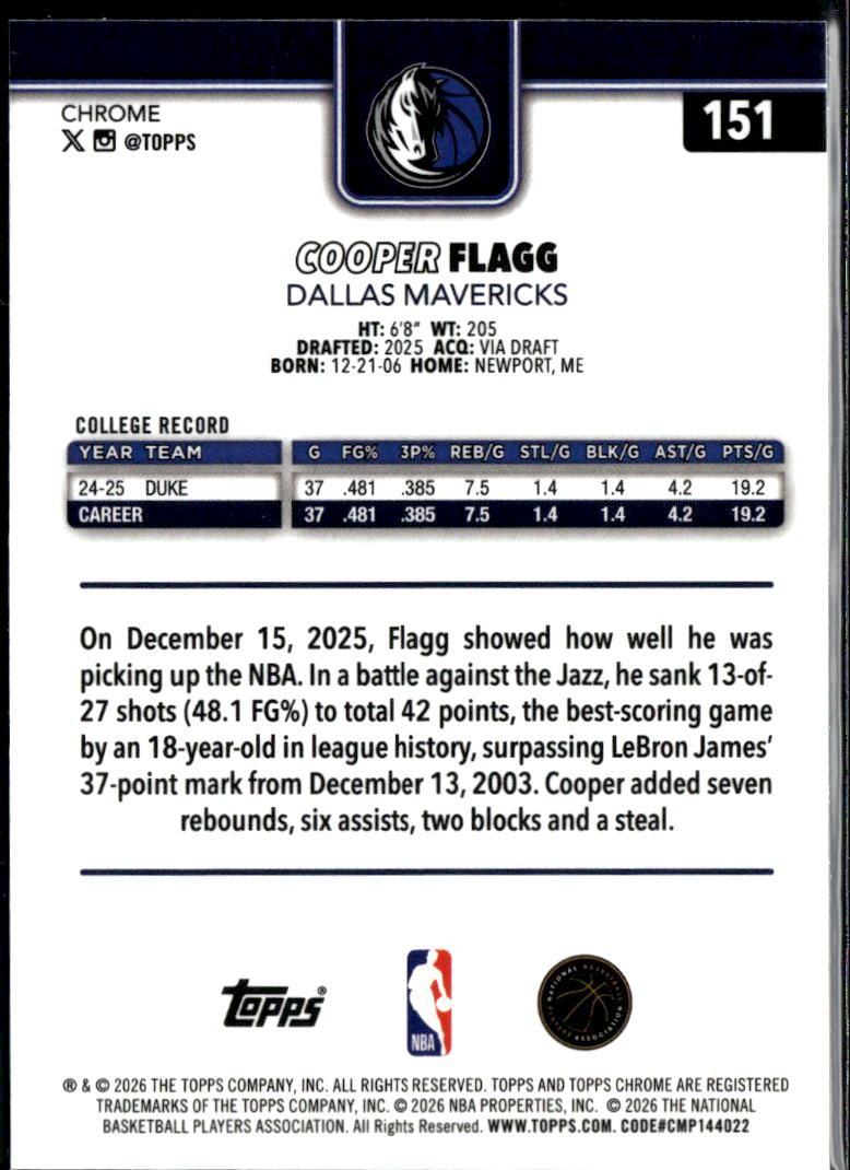 Cooper Flagg 2025-26 Topps Chrome Raywave Rookie RC Dallas Mavericks