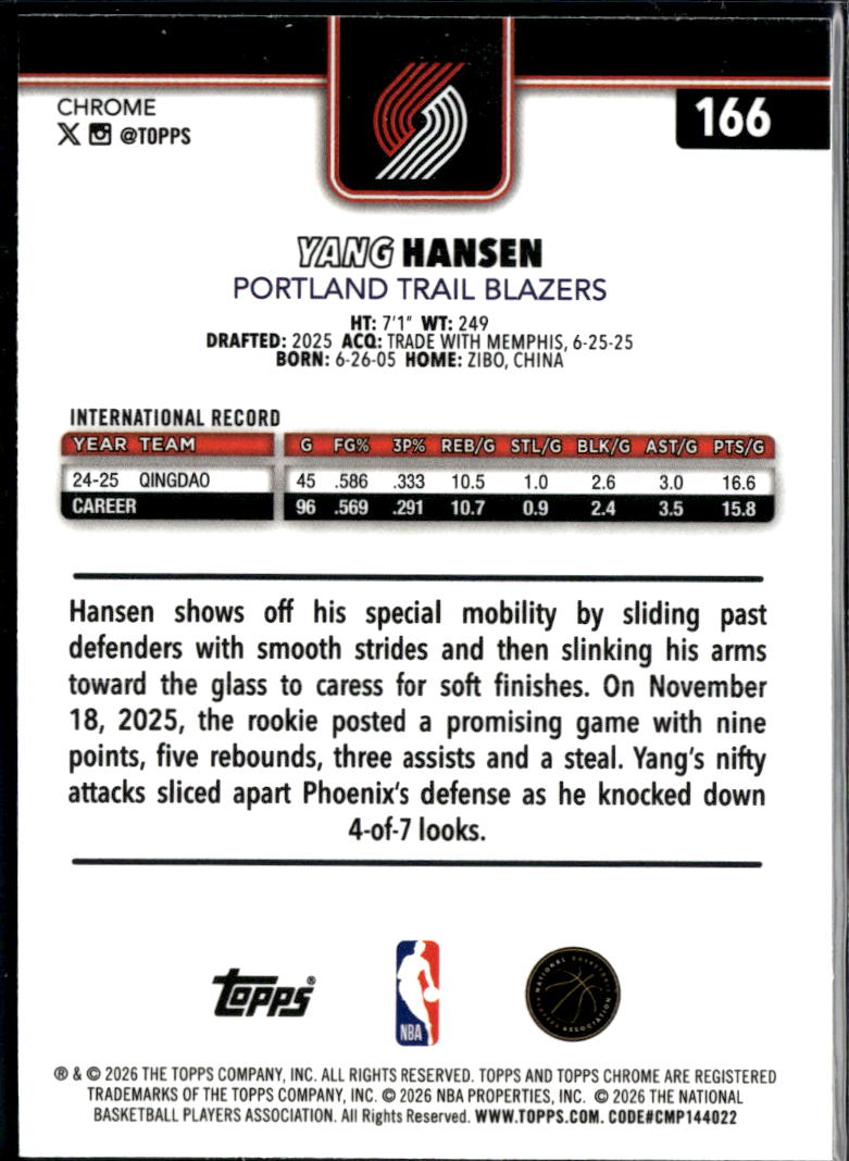 Yang Hansen 2026 Topps Chrome Update Aqua Rookie RC 74/199 Trail Blazers