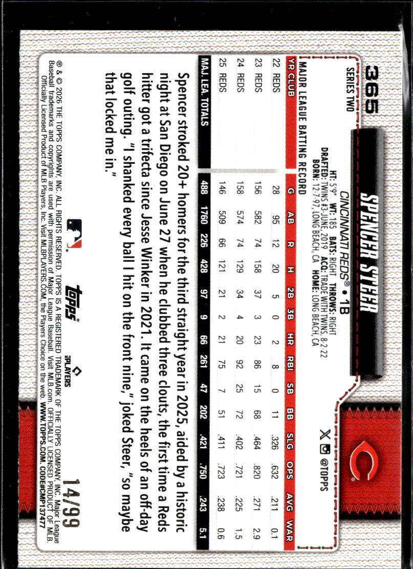 Spencer Steer 2026 Topps Series Two Green 14/99 Cincinnati Reds