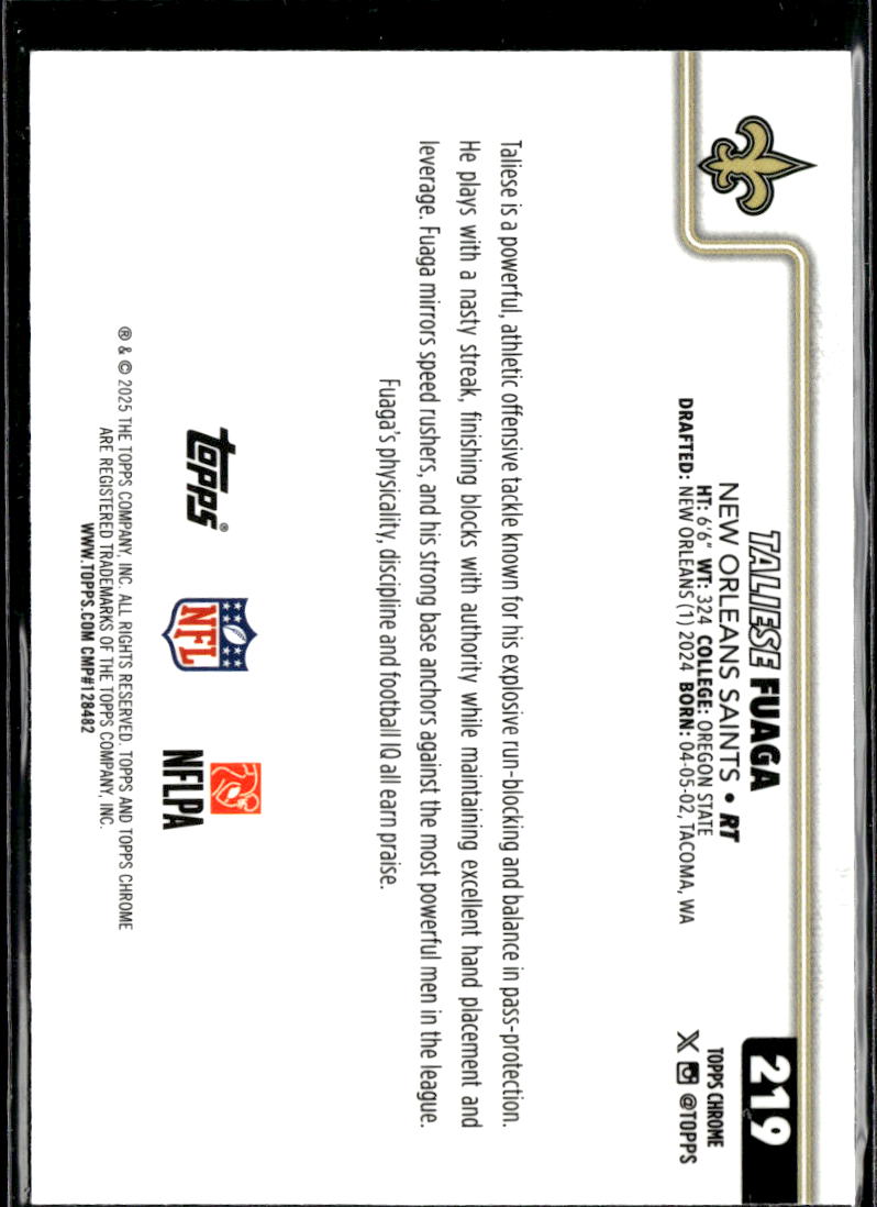 Taliese Fuaga 2025 Topps Chrome Lightboard SSP New Orleans Saints