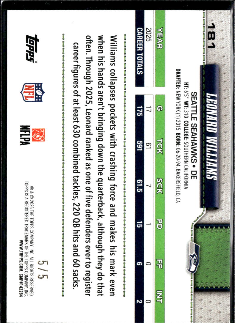 Leonard Williams 2026 Topps Red Football SSP 5/5 Seattle Seahawks
