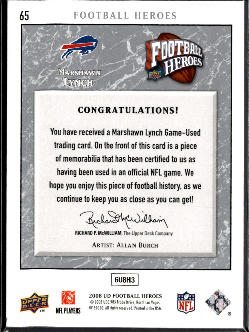 Marshawn Lynch 2008 Upper Deck Heroes Game Worn Patch 26/175 Buffalo Bills