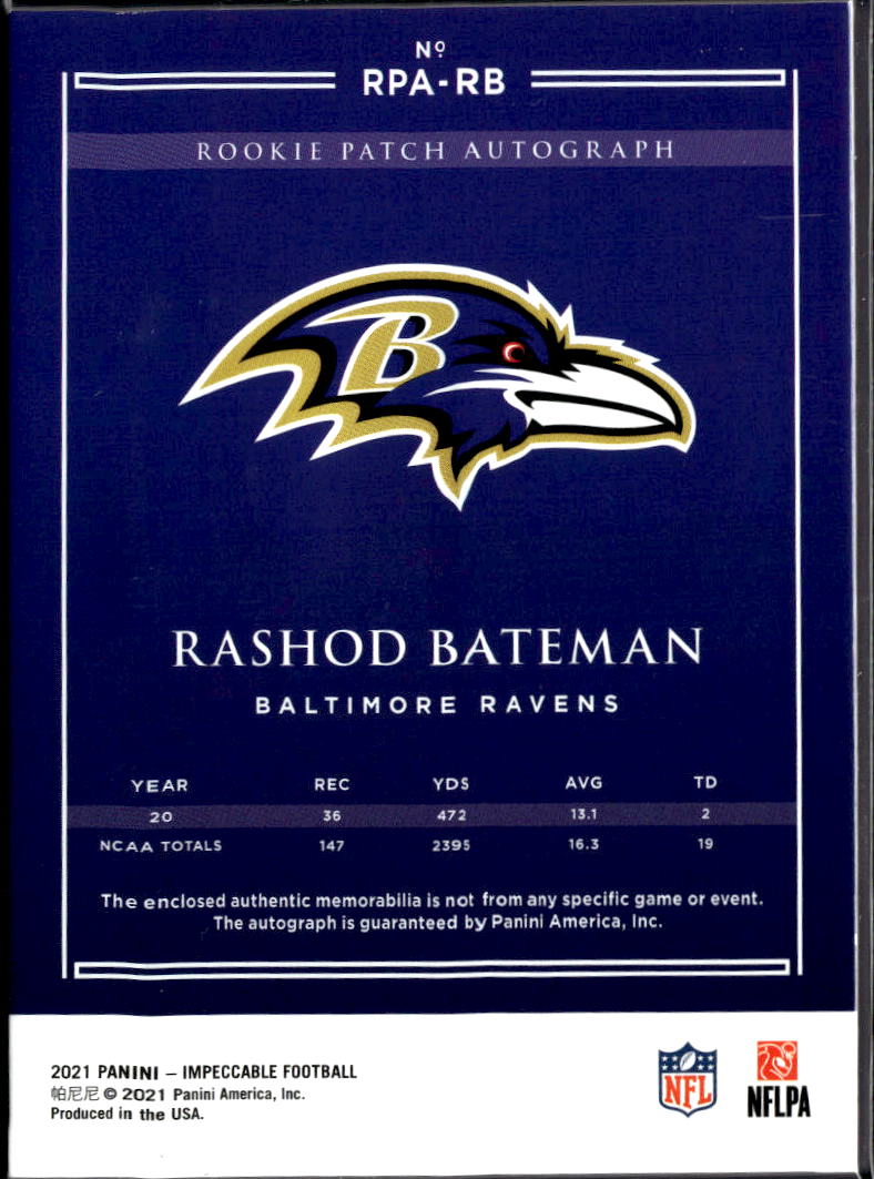Rashod Bateman 2021 Impeccable Auto Autograph LOGO Patch RC /10 Baltimore Ravens
