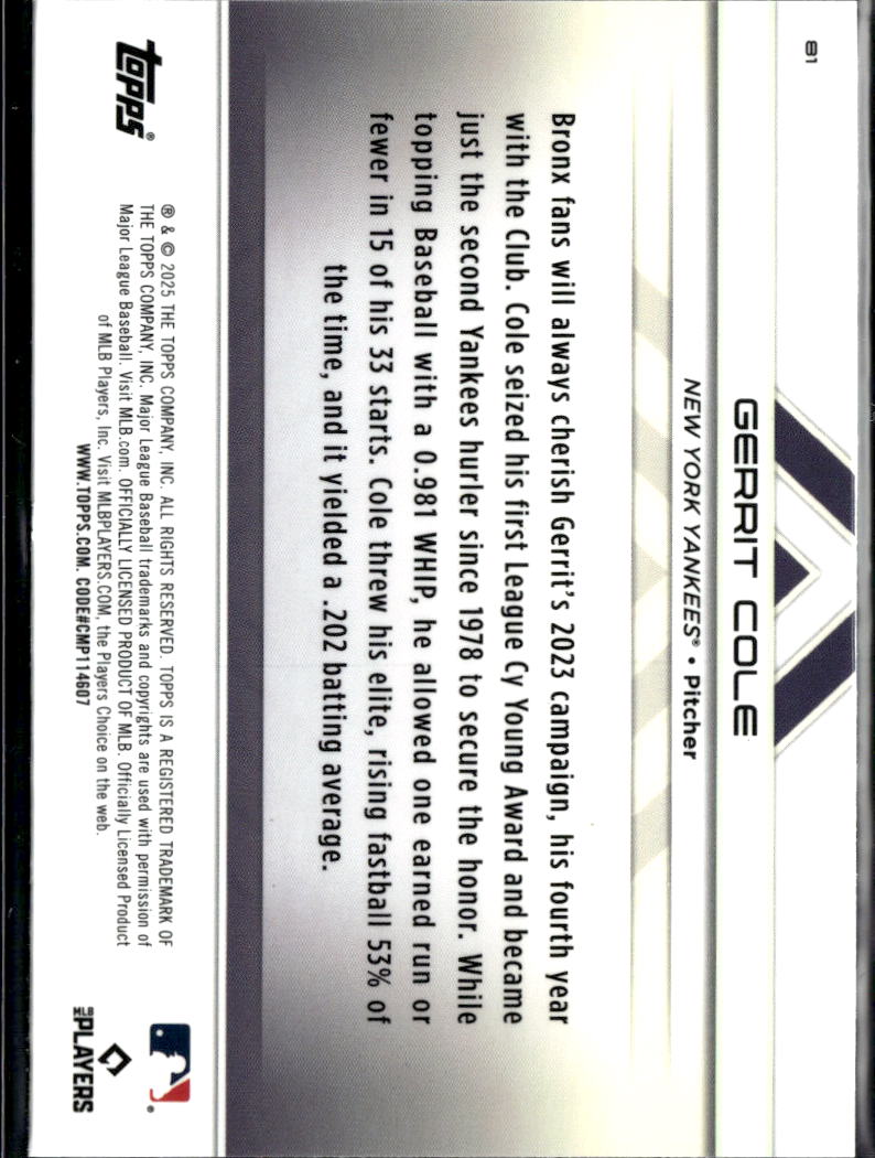 Gerrit Cole 2025 Topps Transcendent Vatiation New York Yankees