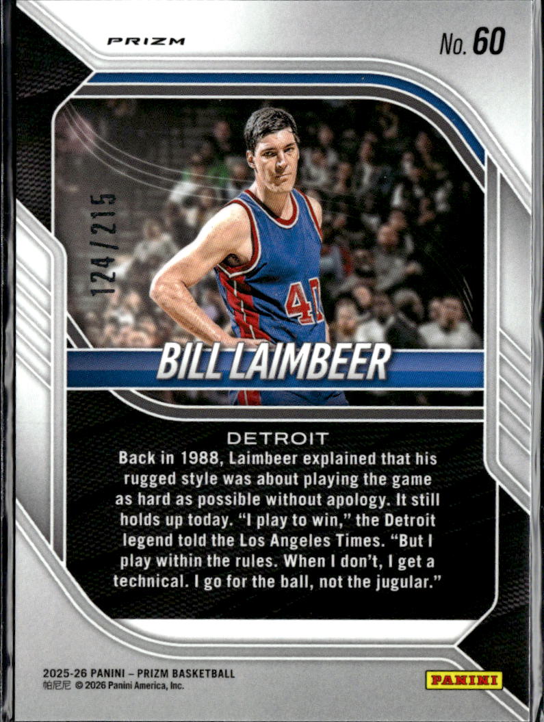 Bill Laimbeer 2026 Panini Prizm Teal Prizm 124/215 Detroit Pistons