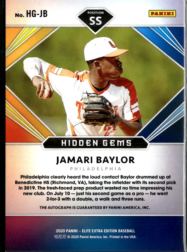 Jamari Baylor 2020 Elite Extra Auto Autograph Hidden Gems Philadelphia Phillies