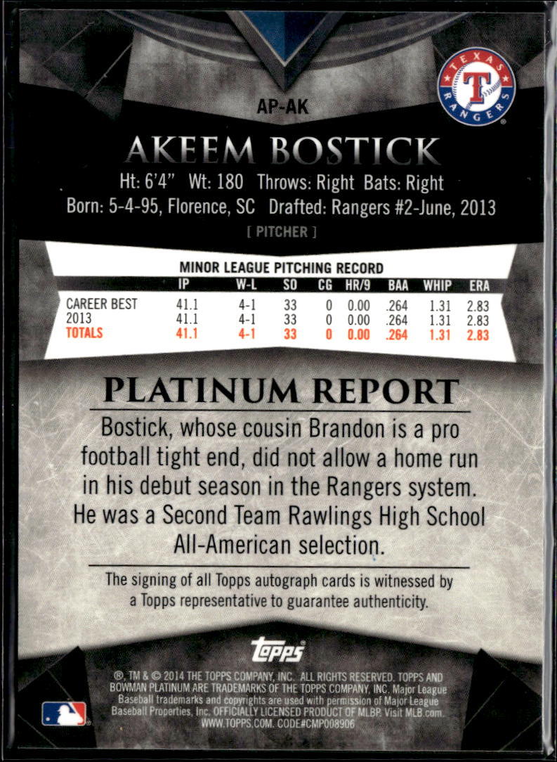 Akeem Bostick 2014 Bowman Platinum Auto Autograph Texas Rangers