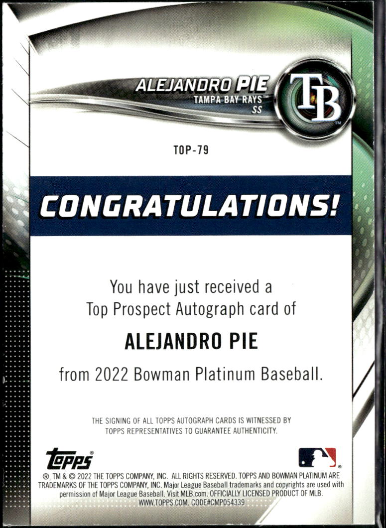 Alejandro Pie 2022 Bowman Platinum Auto Autograph Pink /199 Tampa Bay Rays