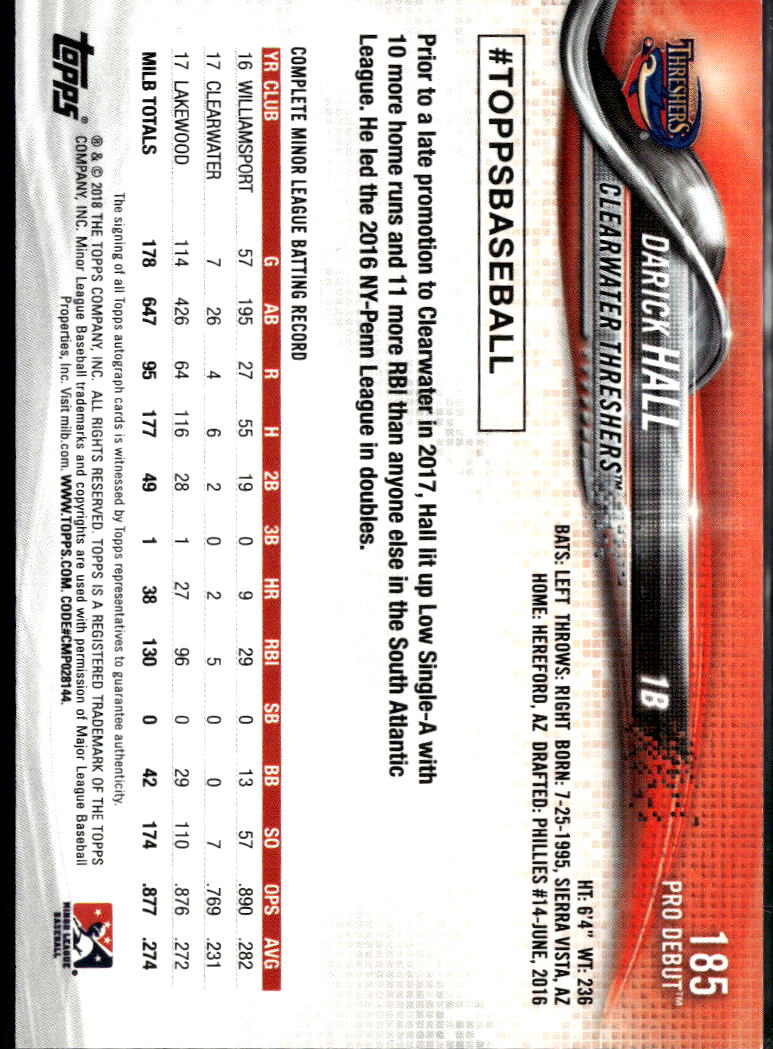 Darick Hall 2018 Topps Pro Debut Auto Autograph Clearwater Threshers