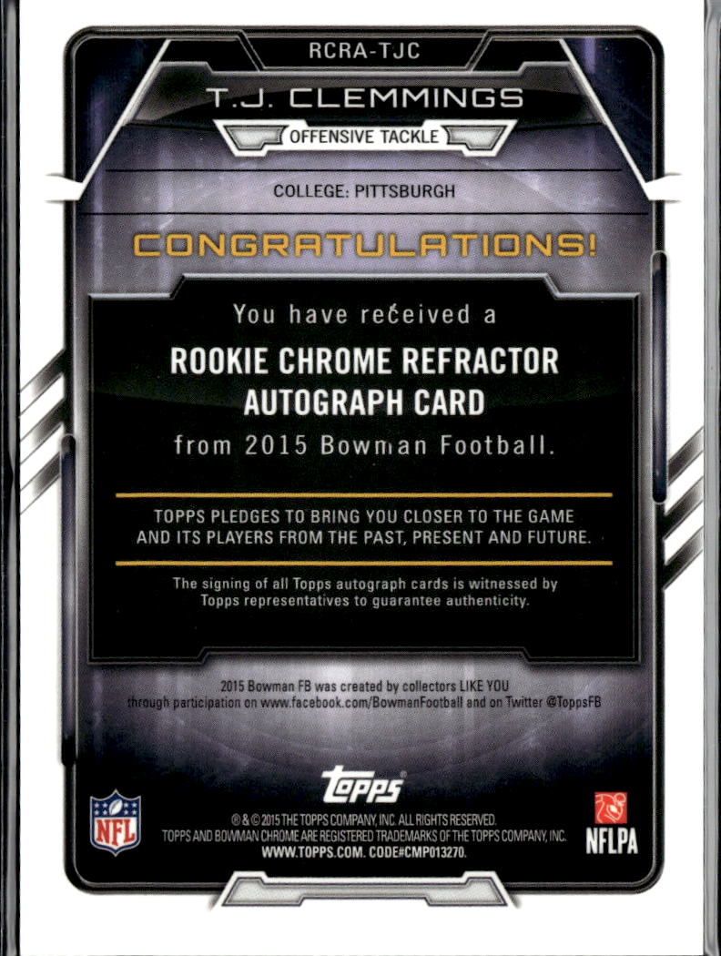 T.J. Clemmings 2015 Bowman Chrome Auto Autograph RC Minnesota Vikings