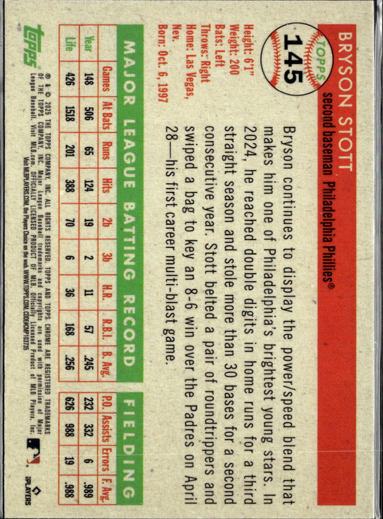 Bryson Stott 2025 Topps Chrome Platinum Blue 59/199 Philadelphia Phillies
