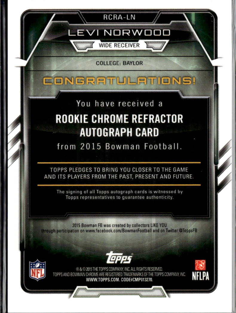 Levi Norwood 2015 Bowman Chrome Auto Autograph RC Baylor 81/99