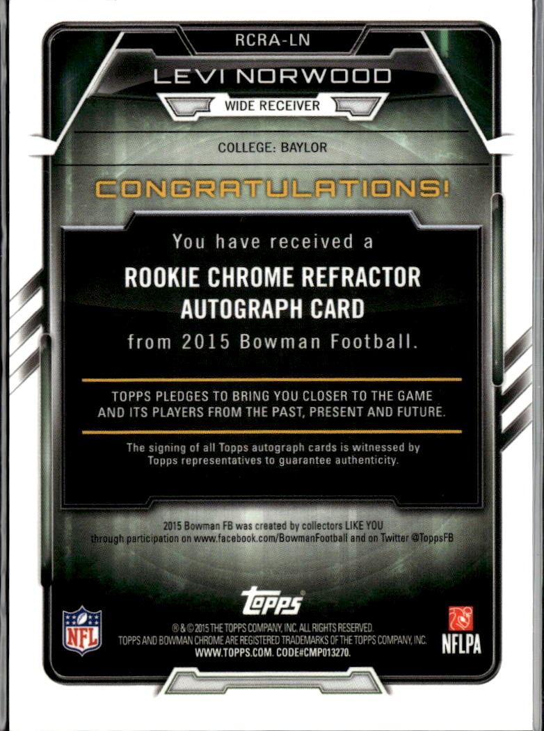 Levi Norwood 2015 Bowman Chrome Auto Autograph RC Baylor Bears