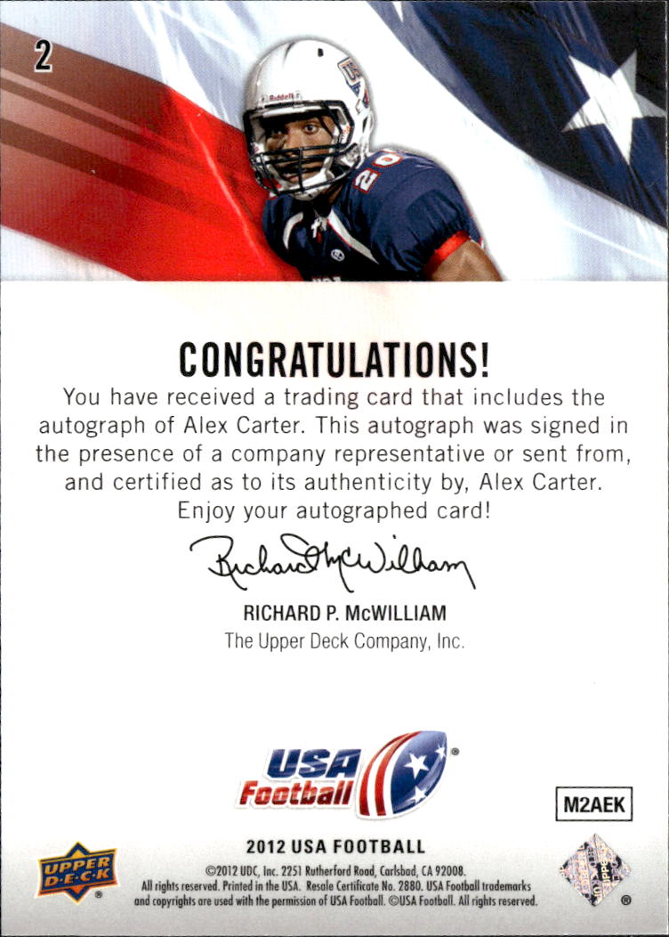 Alex Carter 2012 Upper Deck USA Football Auto Autograph RC Rookie