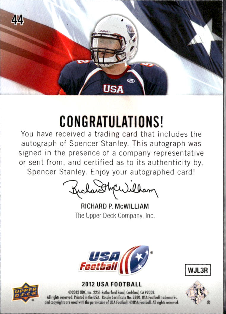 Spencer Stanley 2012 Upper Deck USA Football Auto Autograph RC Rookie