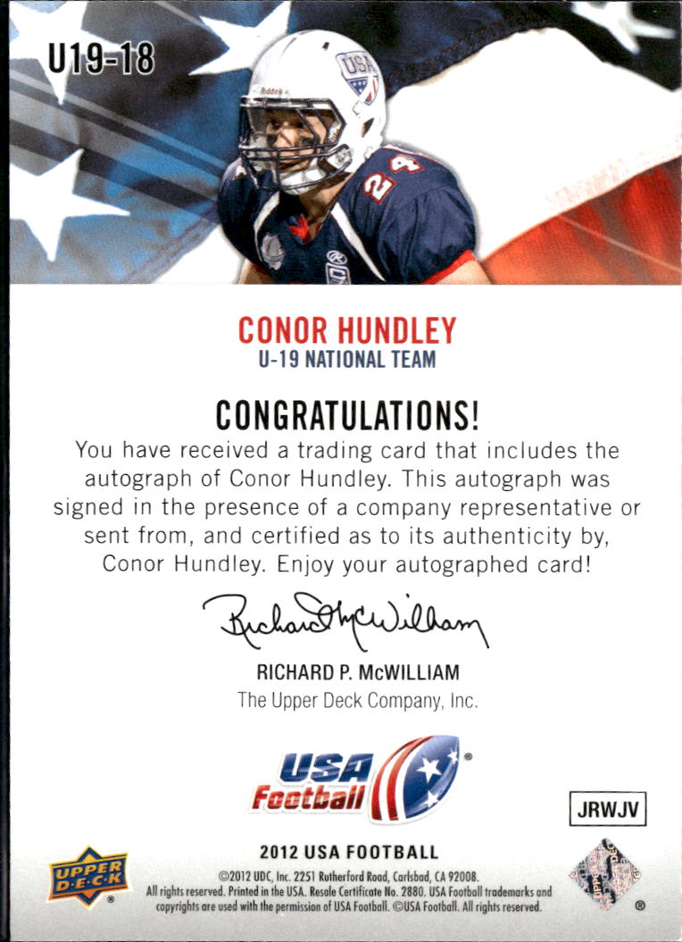 Conor Hundley 2012 Upper Deck USA Football Auto Autograph RC Rookie