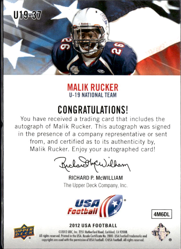 Malik Rucker 2012 Upper Deck USA Football Auto Autograph RC Rookie