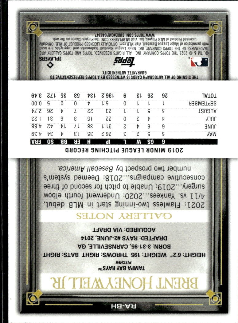 Brent Honeywell Jr. 2021 Topps Gallery RC Auto Autograph Tampa Bay Rays