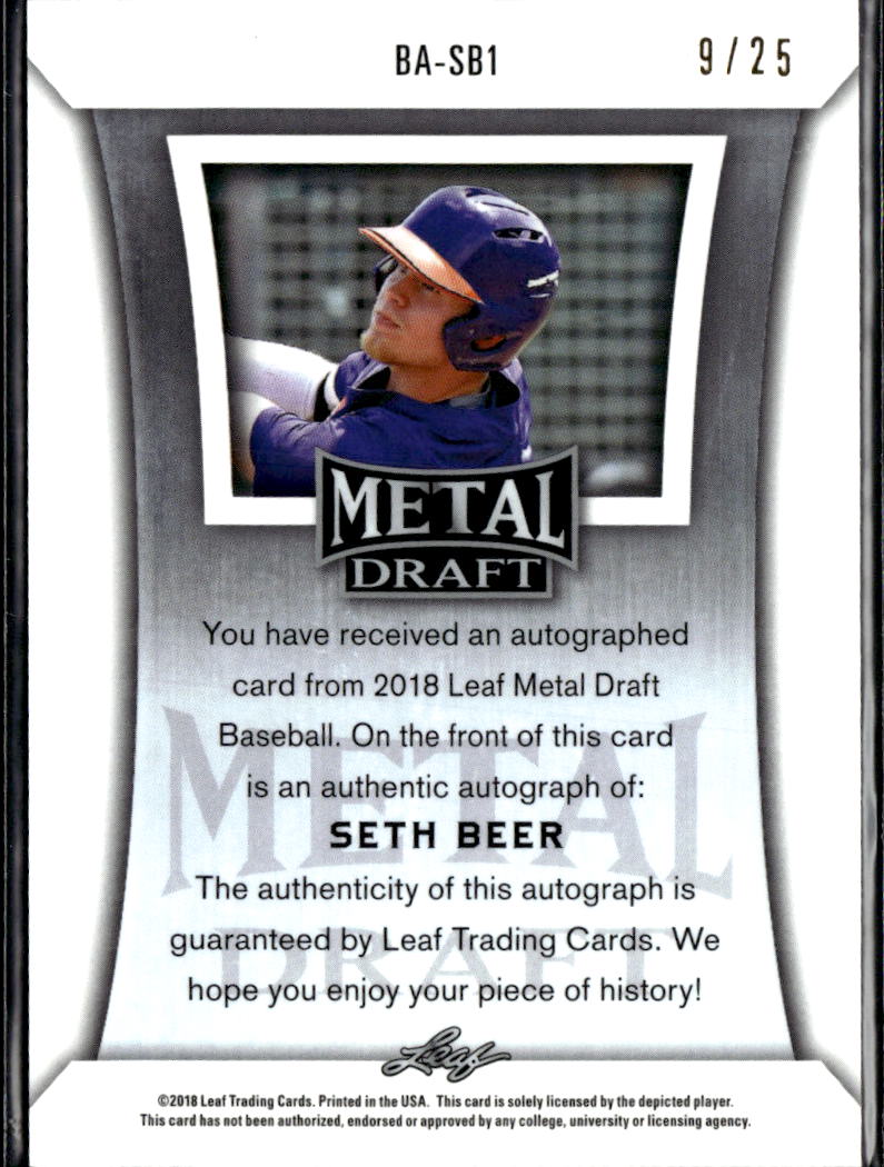 Seth Beer 2018 Leaf Metal Draft Auto Autograph Purple RC 9/25 Diamondbacks