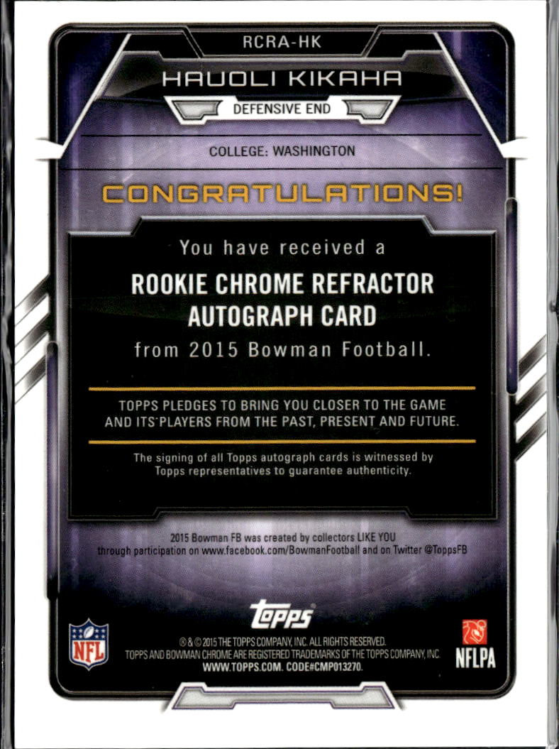 Hau'oli Kikaha 2015 Bowman Chrome RC Auto Autograph New Orleans Saints