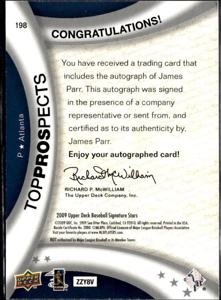 James Parr 2009 Upper Deck Signature Stars Auto Autograph Atlanta Braves