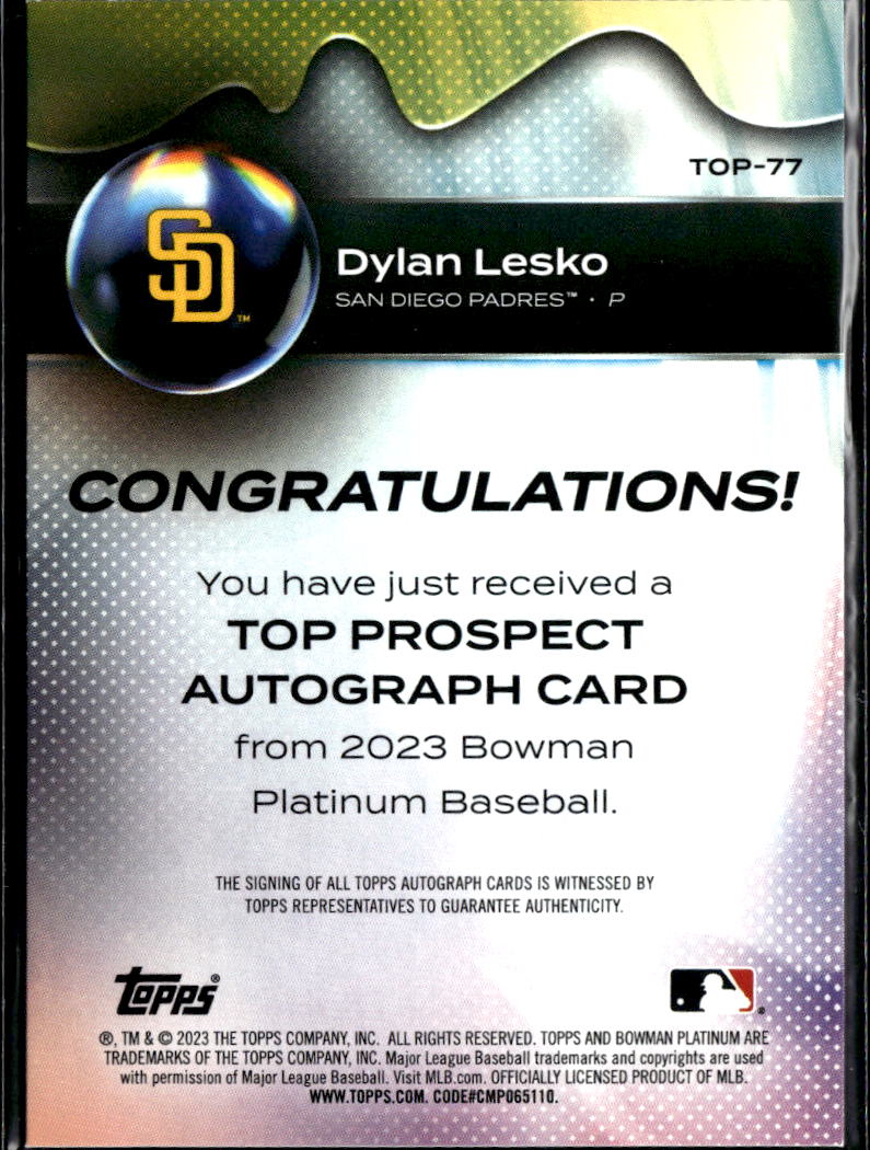 Dylan Lesko 2023 Bowman Platinum Auto Autograph San Diego Padres