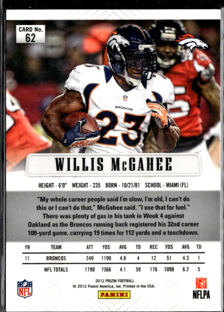 Willis McGahee 2012 Panini Prizm 1st Year Prizm Denver Broncos