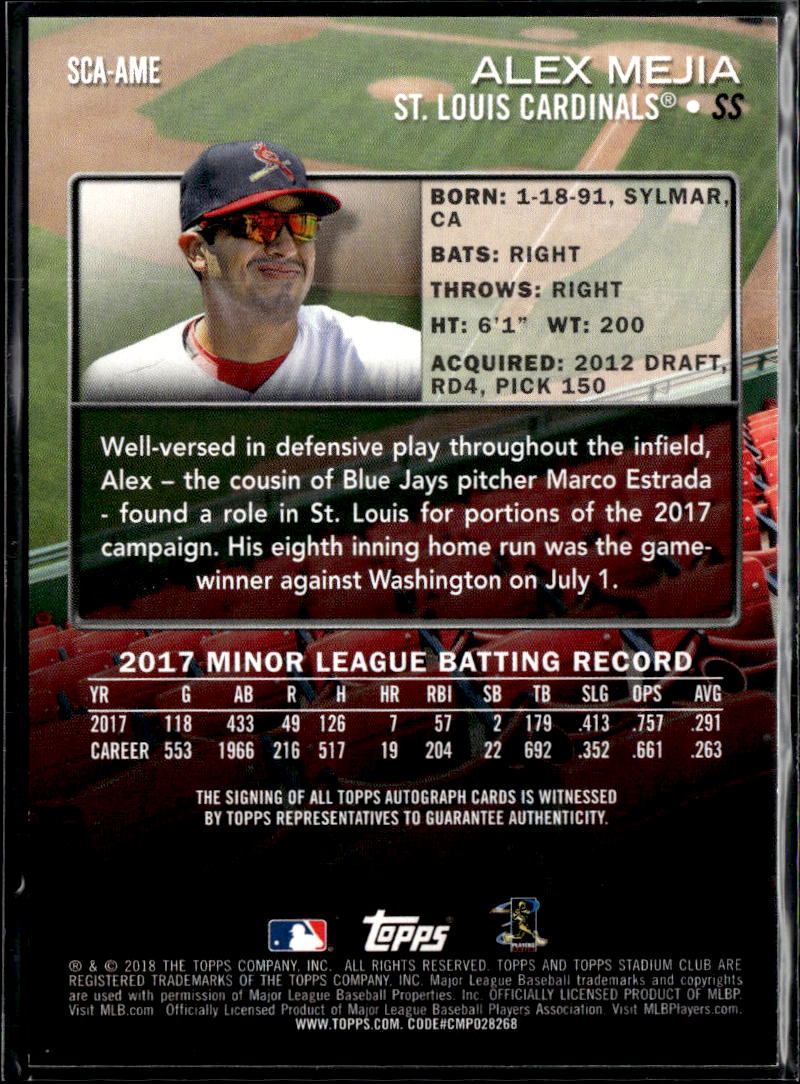 Alex Mejia 2018 Topps Stadium Club RC Auto Autograph RC St. Louis Cardinals