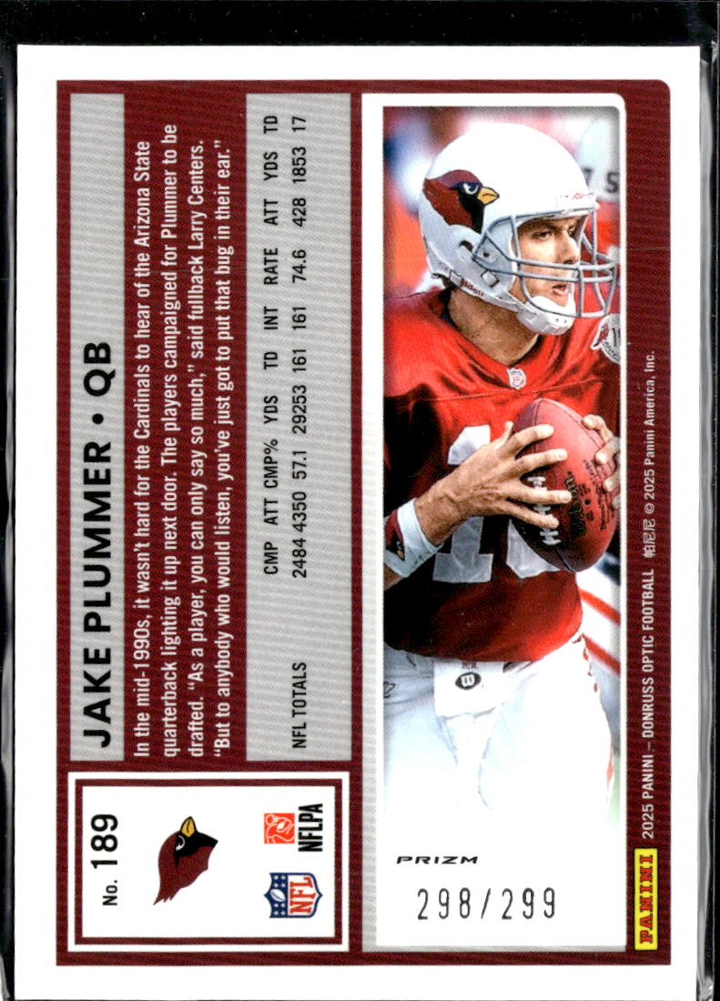 Jake Plummer 2025 Optic Orange Prizm 298/299 Arizona Cardinals
