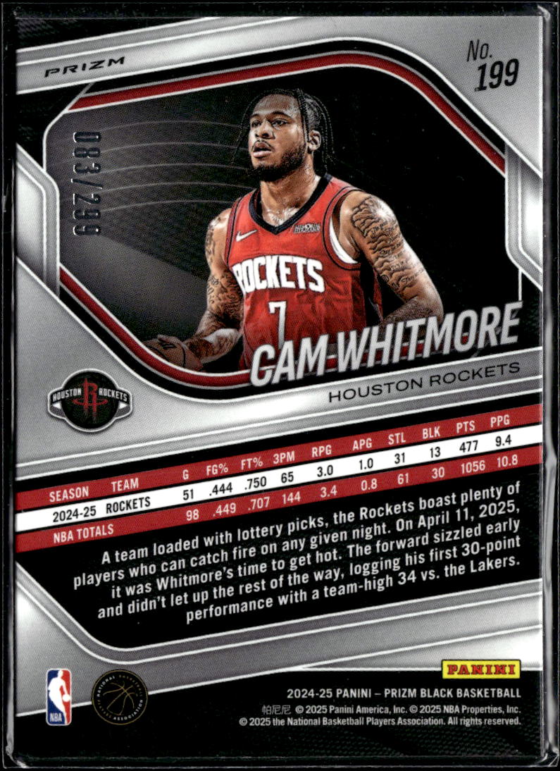 Cam Whitmore 2025 Prizm Black Red Prizm 83/299 Houston Rockets