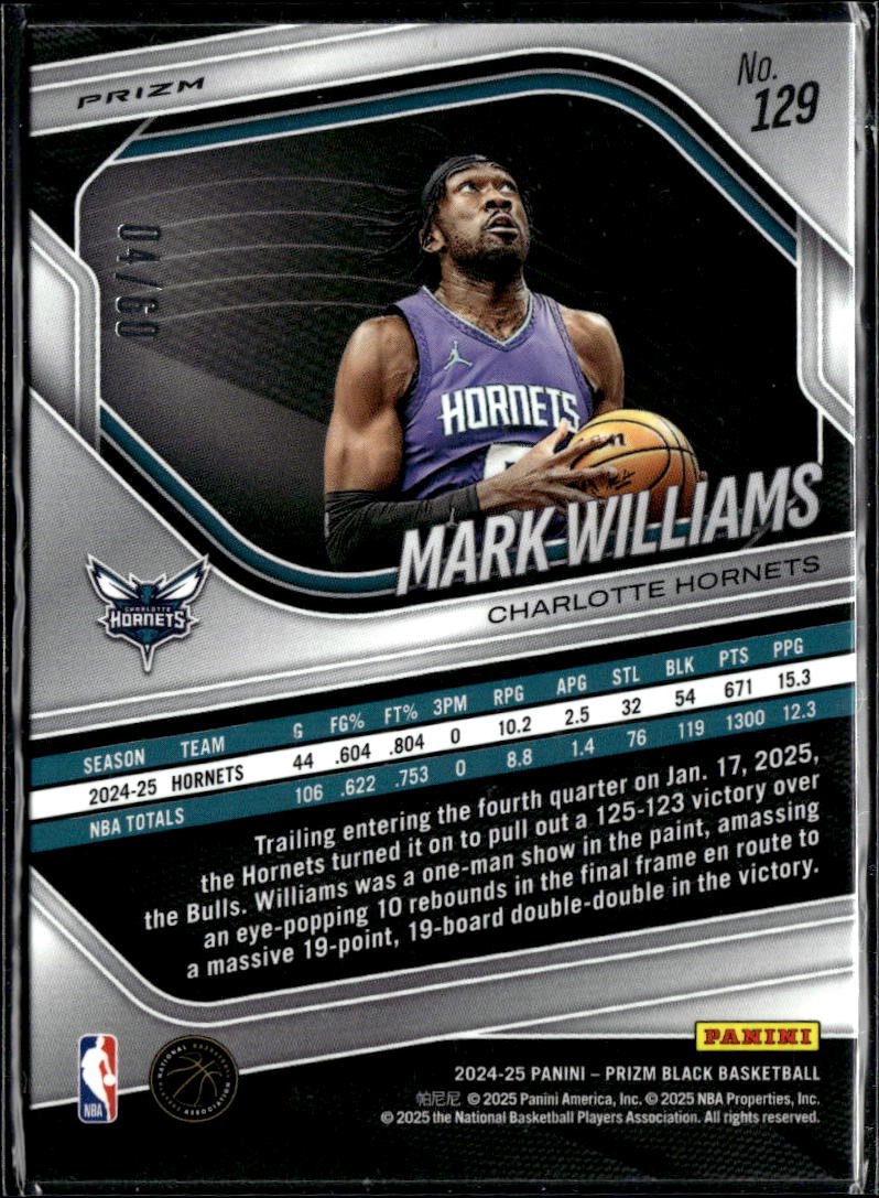 Mark Williams 2025 Prizm Black Orange Wave 4/60 Charlotte Hornets