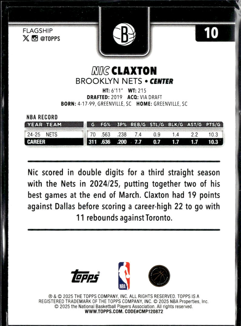 Nic Claxton 2025 Topps Flagship Green 50/99 Brooklyn Nets