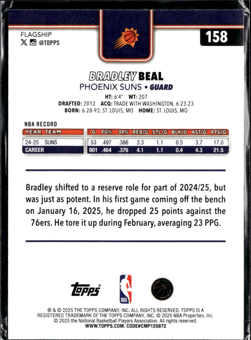 Bradley Beal 2025 Topps 0878/2025 Gold Phoenix Suns