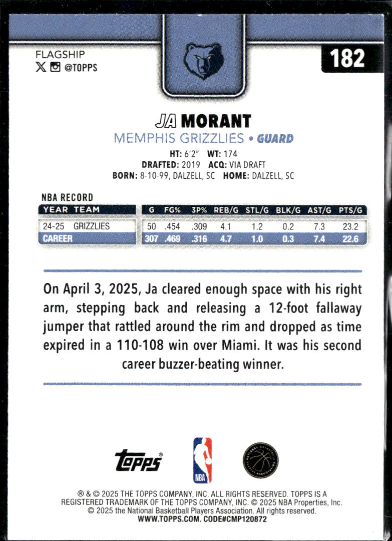Ja Morant 2025 Topps 1297/2025 Gold Memphis Grizzlies