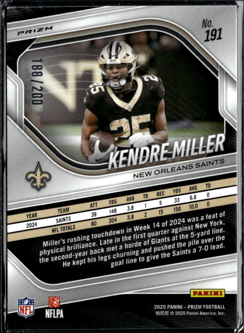 Kendre Miller 2025 Panini Prizm Hyper 188/200 New Orleans Saints