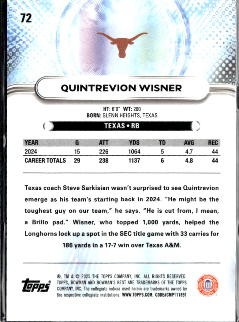 Quintrevion Wisner 2025 Bowman's Best Gold Refractor 38/250 Texas Longhorns