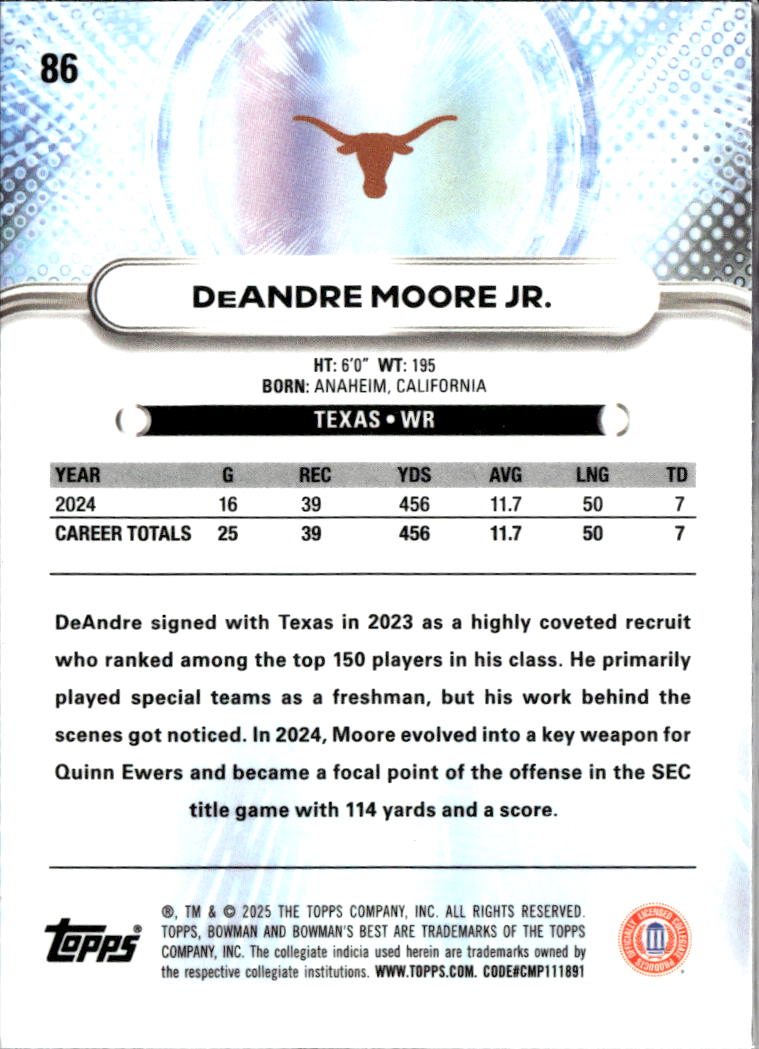 DeAndre Moore Jr. 2025 Bowman's Best Blue 127/150 Texas Longhorns