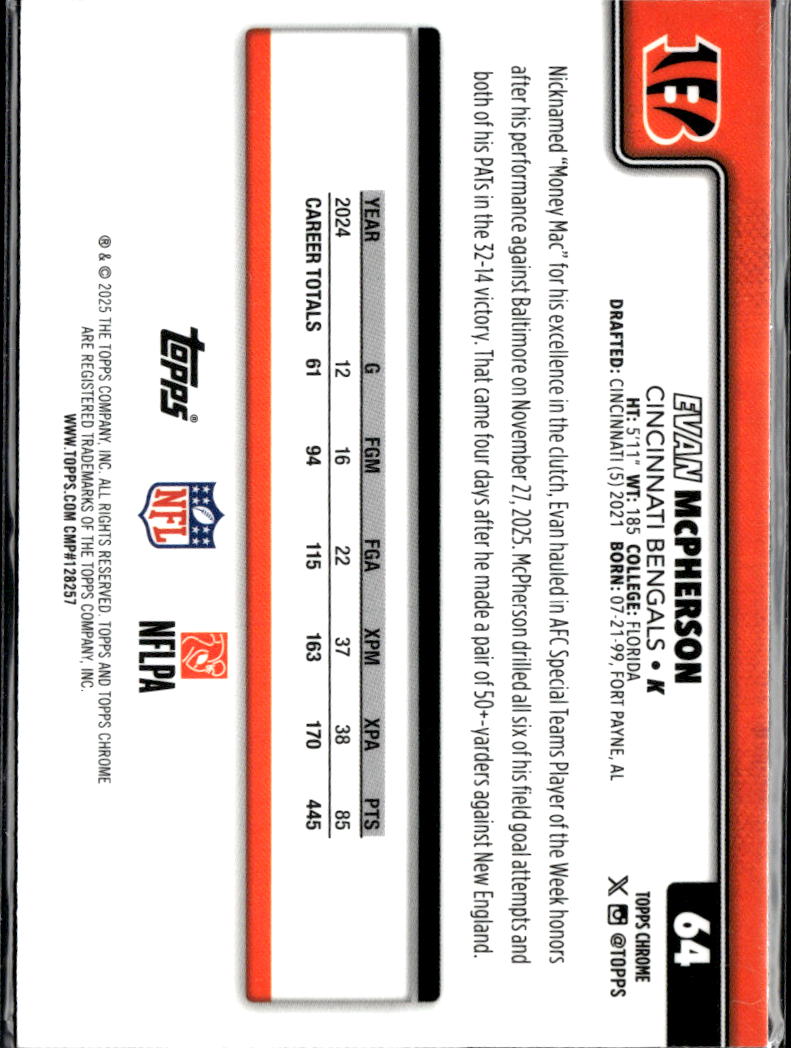 Evan McPherson 2025 Topps Chrome Pink Wave 36/250 Cincinnati Bengals