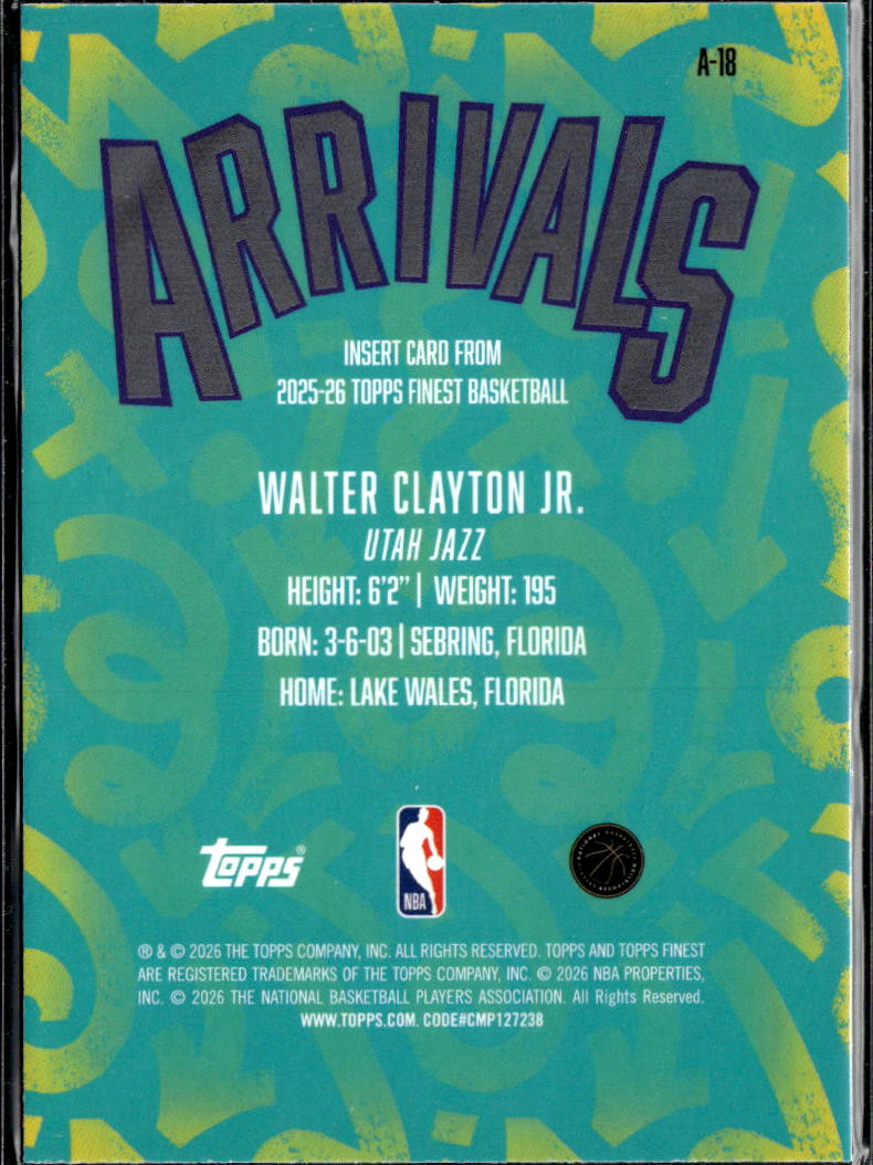 Walter Clayton Jr. 2025 Topps Finest Purple Arrivals RC 16/125 Utah Jazz