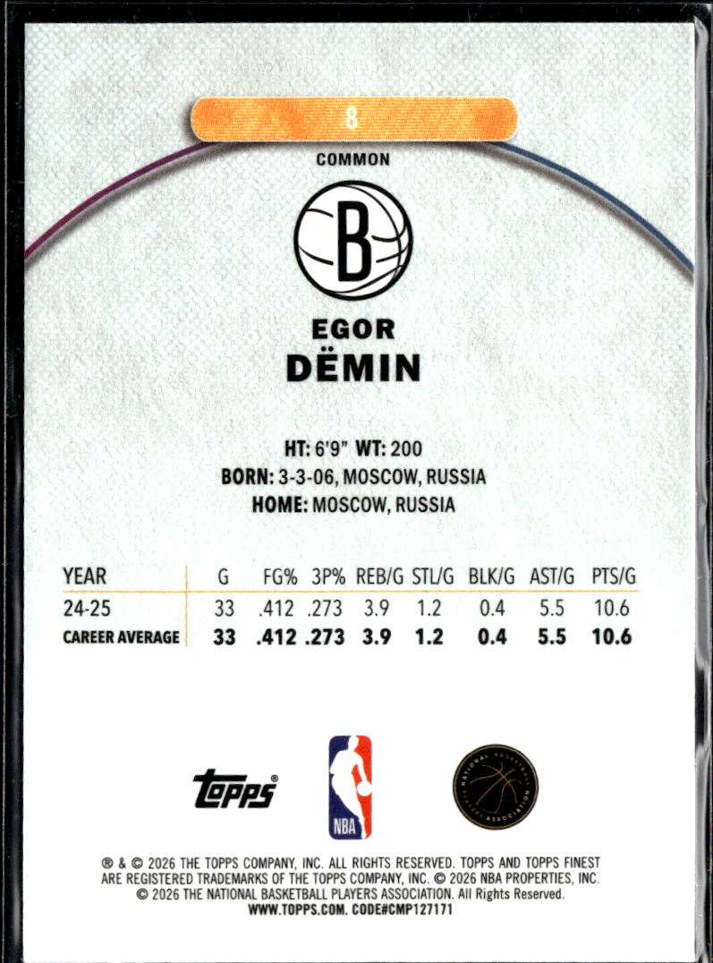 Egor Dëmin 2025 Topps Finest RC Oil Spill Rookie Brooklyn Nets